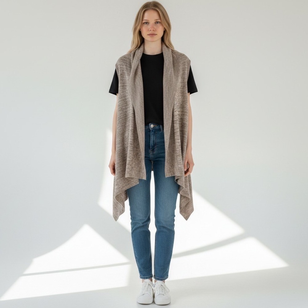 Gap Cardigan Vest Women‎ L Brown Wool Alpaca Blend Tie Back Shawl Collar Marled